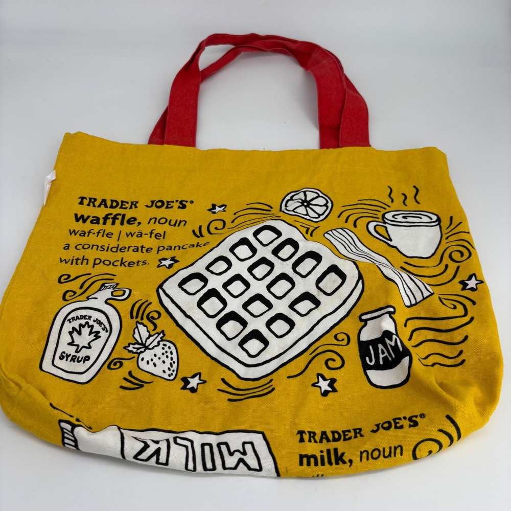 Trader Joe's Breakfast Graphic Canvas Tote Bag Yellow Red Waffle Toast USA Made